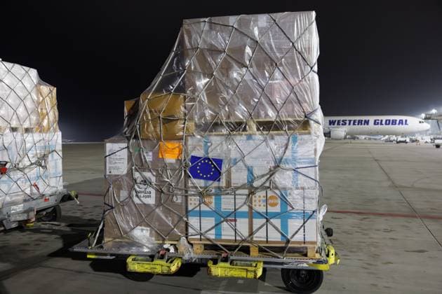 Illustration picture shows the departure of an aircraft with humanitarian aid goods for the Gaza strip, from the regional airport of Oostende, Thursday 07 December 2023. The aircraft takes the goods to Egypt, from where trucks drive the aid to Gaza.  KURTxDESPLENTER 81692858