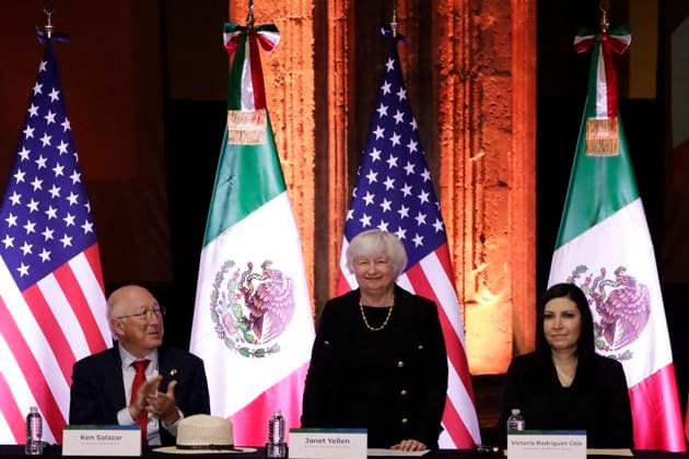 Janet Yellen Visits Mexico United States Secretary of the Treasury, Janet Yellen with the US Ambassador, Ken Salazar and the Governor of the Bank of Mexico, Victoria Rodriguez Ceja at the presentation of the commemorative coin of 200 years of Relations Diplomatics Mexico - United States in ceremony at the Interactive Museum of Economy in Mexico City, Mexico on December 6, 2023. Photo by Luis Barron Eyepix Group ABACAPRESS.COM Mexico City Mexico  Copyright: xBarronxLuis Eyepix ABACAx