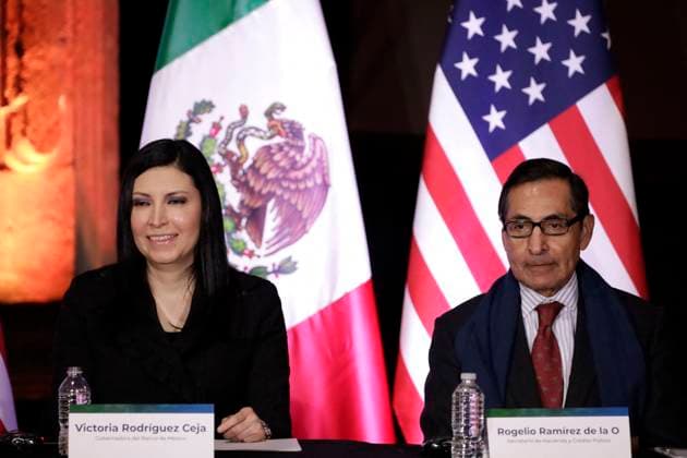 Janet Yellen Visits Mexico The Secretary of the Treasury and Public Credit, Rogelio Ramirez de la O and the governor of the Bank of Mexico, Victoria Rodriguez Ceja at the presentation of the commemorative coin of 200 years of Diplomatic Relations Mexico - United States United in ceremony at the Interactive Museum of Economy in Mexico City, Mexico on December 6, 2023. Photo by Luis Barron Eyepix Group ABACAPRESS.COM Mexico City Mexico  Copyright: xBarronxLuis Eyepix ABACAx