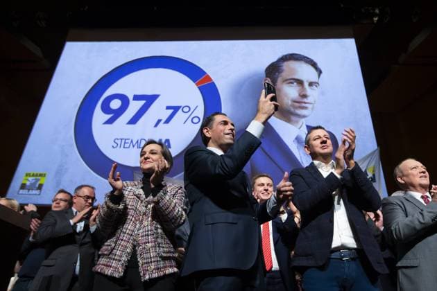 Bilder des Jahres 2023, News 12 Dezember News Themen der Woche KW49 News Bilder des Tages Vlaams Belang s Tom Van Grieken pictured during a congress of Flemish far-right party Vlaams Belang to discuss the position of chairman, Sunday 10 December 2023 in Antwerp.  KRISTOFxVANxACCOM 81979713