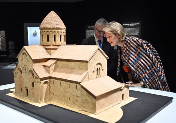 Queen Mathilde of Belgium pictured during a royal visit to the exhibition Georgia: a story of encounters , as part of the Europalia 2023 art festival, at the Jubelpark Cinquantenaire, in Brussel, Tuesday 12 December 2023. This year s Europalia focuses on the 1900-1936 avant-garde movement in Georgia.  ERICxLALMAND 82169039