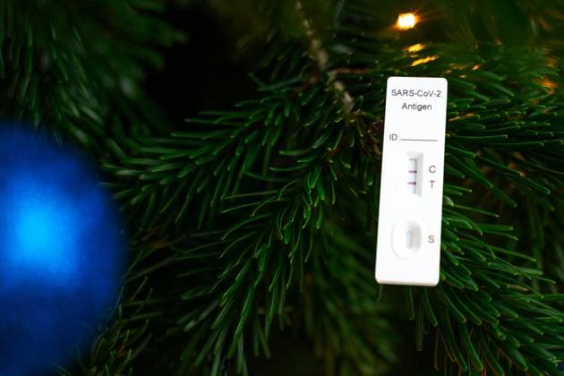 Augsburg, Bavaria, Germany - December 13, 2023: A positive Covid-19 rapid test in a decorated Christmas tree. Corona Sick at Christmas Concept PHOTOMONTAGE *** Ein positiver Covid-19 Schnelltest in einem geschmückten Weihnachtsbaum. Corona Krank an Weihnachten Konzept FOTOMONTAGE