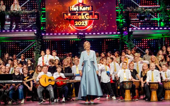 14-12-2023 Bussum Queen Maxima at the recordings for the Christmas Music Gala 2023 of the More Music in the Classroom foundation, recorded and broadcast by AVROTROS. Â  Copyright: xPPEx