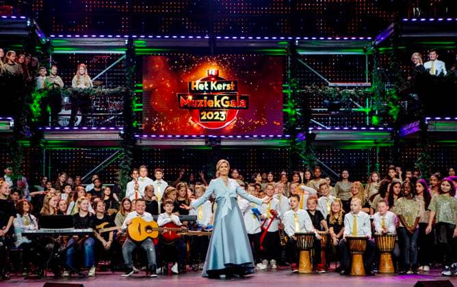 14-12-2023 Bussum Queen Maxima at the recordings for the Christmas Music Gala 2023 of the More Music in the Classroom foundation, recorded and broadcast by AVROTROS. Â  Copyright: xPPEx
