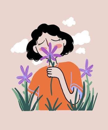Cartoon woman smelling wildflower in nature Illustration of female with curly hair smelling blooming purple flower in countryside against clouds on beige background Model Released Mia_ID17015_518793_015 Copyright: xMiax RECORD DATE NOT STATED