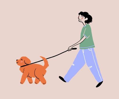 Cartoon woman walking dog on leash Illustration of cheerful female with black wavy hair strolling on street with orange dog on leash against beige background Model Released Mia_ID17015_518813_035 Copyright: xMiax RECORD DATE NOT STATED