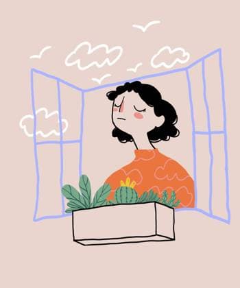 Cartoon woman breathing fresh air through open window Illustration of curly haired female in orange sweater standing near window box with potted plants and breathing fresh air against clouds and birds on beige background Model Released Mia_ID17015_518816_038 Copyright: xMiax RECORD DATE NOT STATED