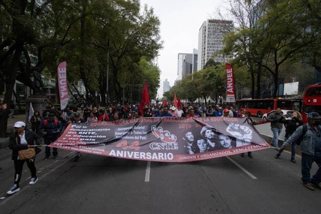 Demonstration of Teachers For The 44th Anniversary of the Labor Union December 15, 2023 Mexico City, Mexico. Teachers take part during a demonstration of the the National Coordinator of Education Workers in Mexico at Reforma Avenue to demand improvements to the education system and better salaries within the framework of the 44th anniversary of their union group. on December 15, 2023 in Mexico City, Mexico. (Photo by Alex Dalton Eyepix Group) Copyright: xAlexxDalton xEyepixxGroupx AD_15122023_107374