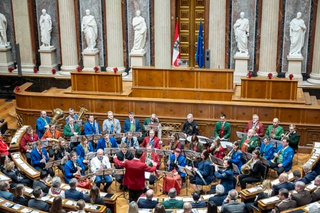 Vienna, Austria 18 December 2023 Austrian Wind Music Association provides musical accompaniment at the Christmas concert in the historic conference hall of the Federal Assembly to mark the focus on volunteering