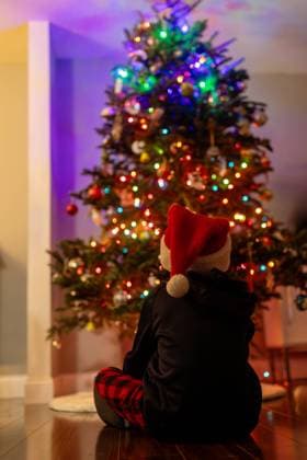 Young Child looking at a Christmas Tree waring a Santa hat United States, Connecticut, Southington R_ASOG23121882-1309116-01 ,model released, Symbolfoto