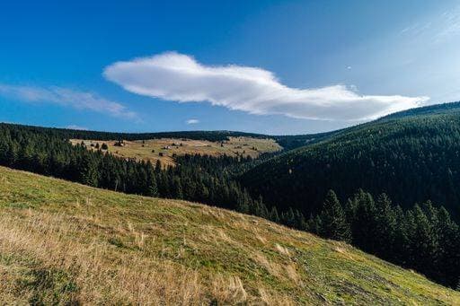 Beautiful autumn landscape of Krkonose (Giant Mountains). Peaks and summits of Krkonose National Park, Czech republic. Blue sky, clouds and mountains. 320753 RECORD DATE NOT STATED