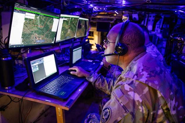 November 30, 2023 - Germany - Maj. Shaun Adams, assigned to the 2nd Cavalry Regiment, reviews map locations on Tactical Mission Data Platform during Brave Partner exercise on Ramstein Air Base, Germany Nov. 30, 2023. Brave Partner is a Europe and Africa scheduled, directed, and led short notice action planning (SNAP) exercise, which includes live-fire training and is designed to demonstrate USAREUR-AFs operational reach, validate U.S. investments in North Macedonia, and increase readiness. Germany - ZUMAz03_ 20231130_shv_z03_335 Copyright: xU.S.xArmyx