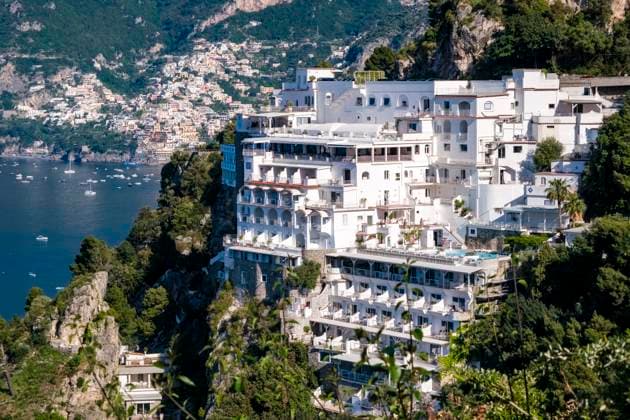 The building of the Hotel Grand Hotel Tritone in Prajano on the Amalfi Coast, situated on a hill overlooking the Mediterranean Sea. Praiano Campania Italy FB_2023_1549