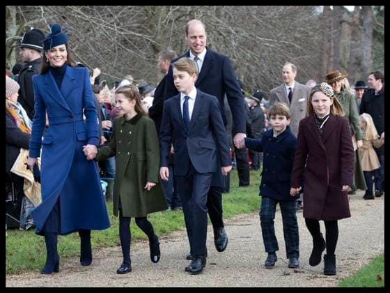 . 25 12 2023. Sandringham , United Kingdom. Prince William, Kate Middleton, the Prince and Princess of Wales, and their children Prince George, Princess Charlotte and Prince Louis along with Mia Tindall arriving at the Christmas Day church service in Sandringham, United Kingdom. Picture by Stephen Lock i-Images  xStephenxLockx xi-Imagesx IIM-24899-0021