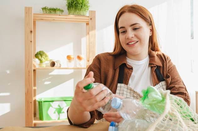 Creative Highlights Symbolbilder Smiling redhead woman putting plastic bottles in mesh bag at home model released, Symbolfoto property released, ALKF00906