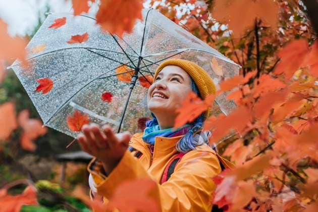 Happy woman holding umbrella and enjoying rain in autumn park model released, Symbolfoto, YTF01366