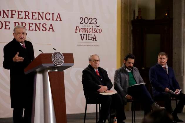Andres Manuel Lopez Obrador, president of Mexico, announces the start of operations of the Mega Wellbeing Pharmacy December 29, 2023, Mexico City, Mexico: The President of Mexico, Andres Manuel Lopez Obrador with the Secretary of Health of Mexico, Jorge Alcocer Varela; the director of the Mexican Social Security Institute, Zoe Robledo Aburto and the general director of the Laboratorios de Biologicos y Reagents de Mexico SA de CV, Jens Pedro Lohmann Iturburu at the press conference at the National Palace in Mexico City. on December 29, 2023 in Mexico City, Mexico (Photo by Luis Barron Eyepix Group). Copyright: xLuisxBarronx xEyepixxGroupx LB20231229_25
