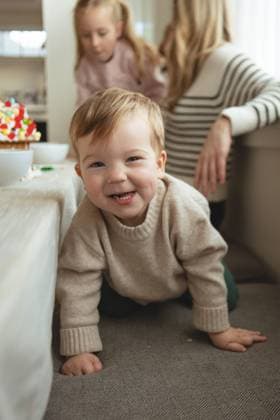 Creative Highlights Symbolbilder Little boy giggles with glee while decorating gingerbread house Vancouver, British Columbia, Canada R_LJRI231229-1311518-01 ,model released, Symbolfoto