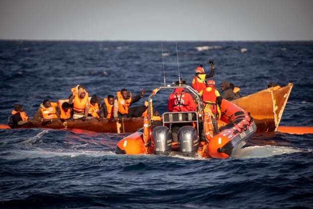 Open Arms Rescues 60 People In The Mediterranean Sea Open Arms volunteers rescue several migrants in a cayuco, January 3, 2024, in the Mediterranean Sea. 60 migrants have been rescued this afternoon by the crew of the NGO Open Arms ship. According to the organization, the rescue has been carried out just as bad weather is looming in the area. The Open Arms had already disembarked last December 31 54 people in the Roman port of Civitavecchia to which it was sent after the terrible weather conditions forced the Italian authorities to change the first port decided, Genoa, after four days of navigation. Photo by Antonio Sempere Europa Press ABACAPRESS.COM Mediterranean Sea Spain  Copyright: xEuropaxPress ABACAx