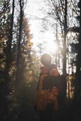 IMAGO Creative, Jahreszeit Herbst auf dem Land From below of unrecognizable bearded male traveler in warm clothes and hat with backpack standing and looking away in autumn forest at Stockholm National Park on sunny day Model Released PabloMenendez_ID17699_535446_005 Copyright: xPabloxMenendezx RECORD DATE NOT STATED