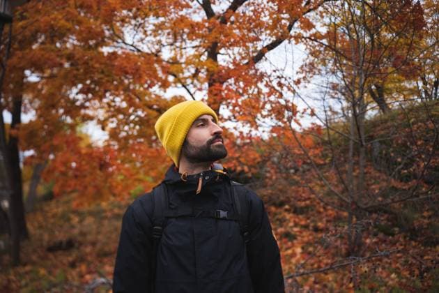 Confident man in warm clothes with cap standing in autumn park Serious bearded young male in warm clothes with yellow beanie cap and backpack standing by colorful autumn trees in Stockholm City National Park in daylight Model Released PabloMenendez_ID17699_535467_016 Copyright: xPabloxMenendezx RECORD DATE NOT STATED