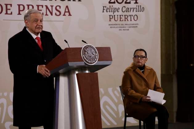 January 5, 2024, Mexico City, Mexico: The president of Mexico, Andres Manuel Lopez Obrador and the Secretary of Security and Citizen Protection, Rosa Icela Rodriguez at a press conference before the media at the National Palace in Mexico City. on January 5, 2024 in Mexico City, Mexico Mexico City Mexico - ZUMAe321 20240105_zia_e321_018 Copyright: xLuisxBarronx