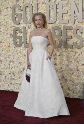 Actress Gillian Anderson arrives for the 81st annual Golden Globe Awards at the Beverly Hilton in Beverly Hills, California on Sunday, January 7, 2024.  LAP202401070005 CHRISxCHEW