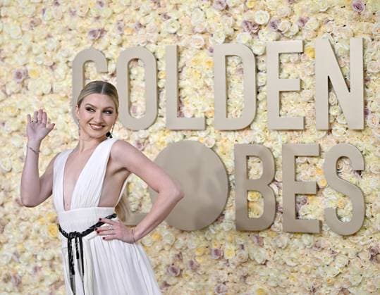 Actress Julia Schlaepfer arrives for the 81st annual Golden Globe Awards at the Beverly Hilton in Beverly Hills, California on Sunday, January 7, 2024.  LAP202401070012 CHRISxCHEW