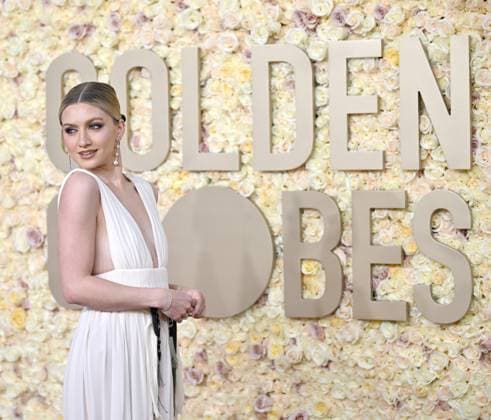 Actress Julia Schlaepfer arrives for the 81st annual Golden Globe Awards at the Beverly Hilton in Beverly Hills, California on Sunday, January 7, 2024.  LAP202401070013 CHRISxCHEW