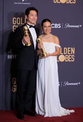 January 7, 2024, Beverly Hills, California, USA: Steven Yeun and Ali Wong in the press room of the 81st Annual Golden Globe Awards on Sunday January 7, 2024 at the The Beverly Hilton Hotel in Beverly Hills, California. ARIANA RUIZ PI Beverly Hills USA - ZUMAp124 20240107_zaa_p124_010 Copyright: xArianaxRuizx