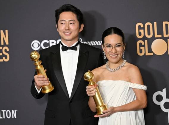 (L-R) Steven Yeun and Ali Wong appear backstage after winning the award for Best Performance in a Limited Series, Anthology Series, or Motion Picture Made for Television award for Beef during the 81st annual Golden Globe Awards at the Beverly Hilton in Beverly Hills, California on Sunday, January 7, 2024.  LAP202401070135 CHRISxCHEW