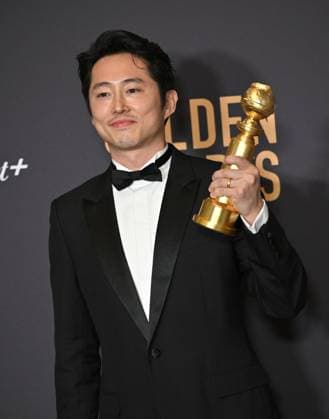 Actor Steven Yeun appear backstage after winning the award for Best Performance in a Limited Series, Anthology Series, or Motion Picture Made for Television award for Beef during the 81st annual Golden Globe Awards at the Beverly Hilton in Beverly Hills, California on Sunday, January 7, 2024.  LAP202401070138 CHRISxCHEW