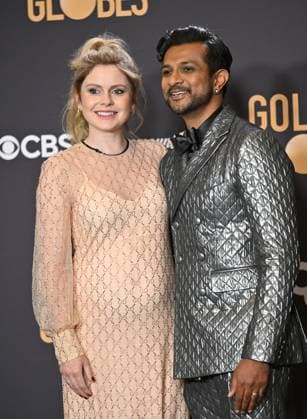 (L-R) Rose McIver and Utkarsh Ambudkar appear backstage during the 81st annual Golden Globe Awards at the Beverly Hilton in Beverly Hills, California on Sunday, January 7, 2024.  LAP202401070146 CHRISxCHEW