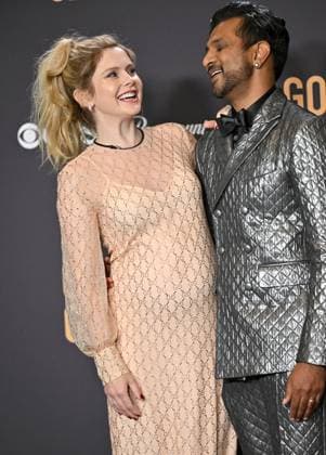 (L-R) Rose McIver and Utkarsh Ambudkar appear backstage during the 81st annual Golden Globe Awards at the Beverly Hilton in Beverly Hills, California on Sunday, January 7, 2024.  LAP202401070147 CHRISxCHEW