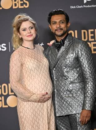 (L-R) Rose McIver and Utkarsh Ambudkar appear backstage during the 81st annual Golden Globe Awards at the Beverly Hilton in Beverly Hills, California on Sunday, January 7, 2024.  LAP202401070148 CHRISxCHEW
