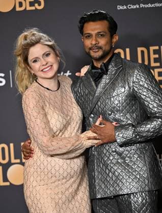 (L-R) Rose McIver and Utkarsh Ambudkar appear backstage during the 81st annual Golden Globe Awards at the Beverly Hilton in Beverly Hills, California on Sunday, January 7, 2024.  LAP202401070150 CHRISxCHEW