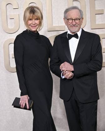 (L-R) Kate Capshaw and Steven Spielberg arrive for the 81st annual Golden Globe Awards at the Beverly Hilton in Beverly Hills, California on Sunday, January 7, 2024.  LAP202401070174 CHRISxCHEW