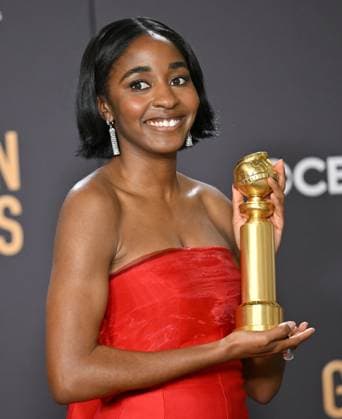 Ayo Edebiri appears backstage after winning the award for Best Performance by a Female Actor in a Television Series ? Musical or Comedy award for The Bear during the 81st annual Golden Globe Awards at the Beverly Hilton in Beverly Hills, California on Sunday, January 7, 2024.  LAP202401070251 CHRISxCHEW