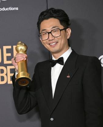 Lee Sung Jin appears backstage after winning the award for Best Limited Series, Anthology Series, or Motion Picture Made for Television award for Beef, during the 81st annual Golden Globe Awards at the Beverly Hilton in Beverly Hills, California on Sunday, January 7, 2024.  LAP202401070258 CHRISxCHEW
