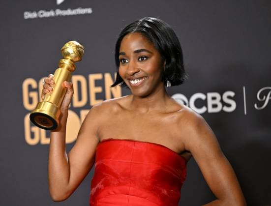 Ayo Edebiri appears backstage after winning the award for Best Performance by a Female Actor in a Television Series ? Musical or Comedy award for The Bear during the 81st annual Golden Globe Awards at the Beverly Hilton in Beverly Hills, California on Sunday, January 7, 2024.  LAP202401070245 CHRISxCHEW