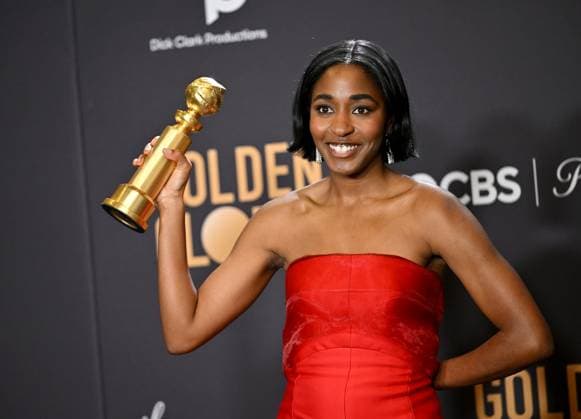 Ayo Edebiri appears backstage after winning the award for Best Performance by a Female Actor in a Television Series ? Musical or Comedy award for The Bear during the 81st annual Golden Globe Awards at the Beverly Hilton in Beverly Hills, California on Sunday, January 7, 2024.  LAP202401070246 CHRISxCHEW