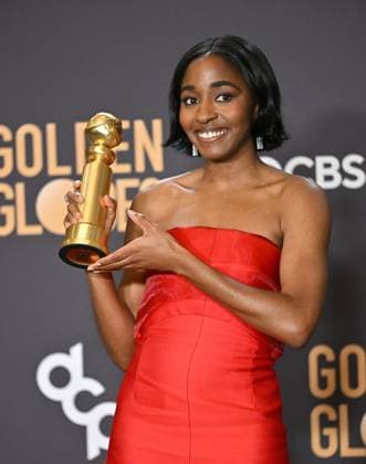 Ayo Edebiri appears backstage after winning the award for Best Performance by a Female Actor in a Television Series ? Musical or Comedy award for The Bear during the 81st annual Golden Globe Awards at the Beverly Hilton in Beverly Hills, California on Sunday, January 7, 2024.  LAP202401070248 CHRISxCHEW