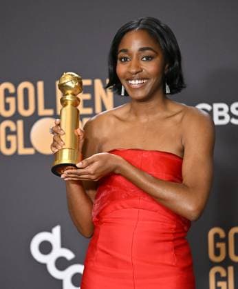 Ayo Edebiri appears backstage after winning the award for Best Performance by a Female Actor in a Television Series ? Musical or Comedy award for The Bear during the 81st annual Golden Globe Awards at the Beverly Hilton in Beverly Hills, California on Sunday, January 7, 2024.  LAP202401070249 CHRISxCHEW
