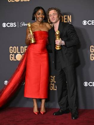 Ayo Edebiri and Jeremy Allen White appear backstage after winning the award for Best Performance in a Television Series ? Musical or Comedy award for The Bear during the 81st annual Golden Globe Awards at the Beverly Hilton in Beverly Hills, California on Sunday, January 7, 2024.  LAP202401070253 CHRISxCHEW