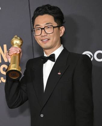 Lee Sung Jin appears backstage after winning the award for Best Limited Series, Anthology Series, or Motion Picture Made for Television award for Beef, during the 81st annual Golden Globe Awards at the Beverly Hilton in Beverly Hills, California on Sunday, January 7, 2024.  LAP202401070259 CHRISxCHEW