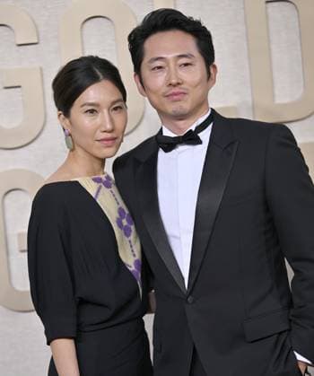 (L-R) Joana Pak and Steven Yeun arrive for the 81st annual Golden Globe Awards at the Beverly Hilton in Beverly Hills, California on Sunday, January 7, 2024.  LAP202401070280 CHRISxCHEW