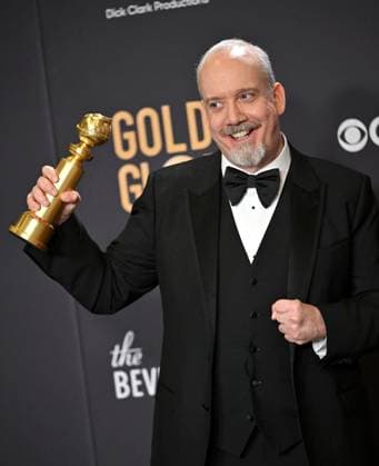 Paul Giamatti, winner of the Best Performance by an Actor in a Motion Picture, Musical or Comedy award for The Holdovers during the 81st annual Golden Globe Awards at the Beverly Hilton in Beverly Hills, California on Sunday, January 7, 2024.  LAP202401070336 CHRISxCHEW