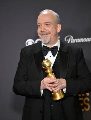 Paul Giamatti, winner of the Best Performance by an Actor in a Motion Picture, Musical or Comedy award for The Holdovers during the 81st annual Golden Globe Awards at the Beverly Hilton in Beverly Hills, California on Sunday, January 7, 2024.  LAP202401070339 CHRISxCHEW