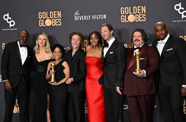 (L-R) Edwin Lee Gibson, Abby Elliott, Liza Colón-Zayas, Jeremy Allen White, Ayo Edebiri, Ebon Moss-Bachrach, Matty Matheson, and Lionel Boyce, winners of the Best Television Series - Musical or Comedy award for The Bear, during the 81st annual Golden Globe Awards at the Beverly Hilton in Beverly Hills, California on Sunday, January 7, 2024.  LAP202401070347 CHRISxCHEW