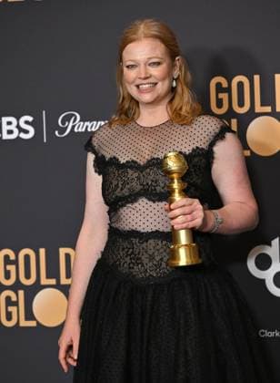 Sarah Snook, winner of the Best Performance by an Actress in a Television Series, Drama award for Succession during the 81st annual Golden Globe Awards at the Beverly Hilton in Beverly Hills, California on Sunday, January 7, 2024.  LAP202401070348 CHRISxCHEW